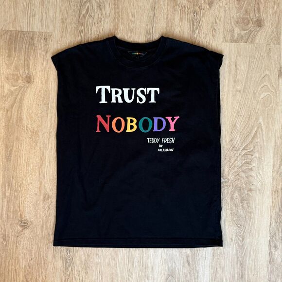 Teddy Fresh Trust Nobody Graphic T-Shirt Black Large Colorful Text Muscle Tee - Picture 1 of 5